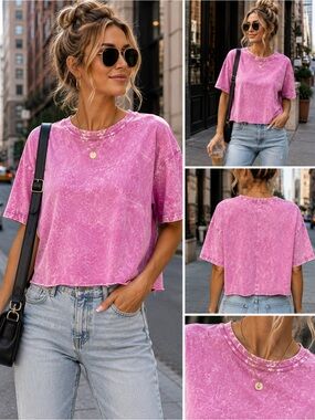 Zenana Mineral-Wash Hip Cropped Tee in Bright Mauve